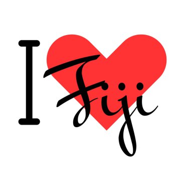 Fiji 'yi seviyorum. Kırmızı kalpli el yazısıyla yazılmış mektuplar. Yazılı t-shirt, afiş, poster, çıkartma veya etiket için modern tasarım harfleri.