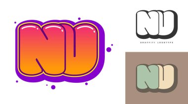 Festival ya da parti için NU logo tasarımı. Graffiti tarzında ilk harf n ve u. Yazı tipi tipografisinin yaratıcı modern harfleri. Modayı takip eden logotlar ya da kimlikler. Vektör illüstrasyonu.