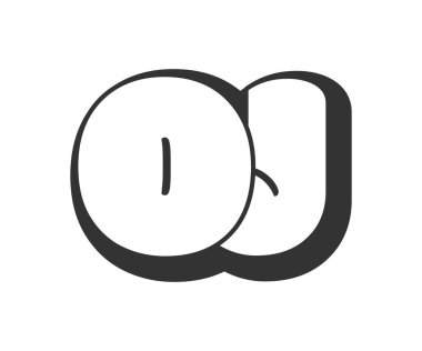 Portakal suyu logosu, karikatür harfleri, graffiti stili siyah beyaz siluet. Festival partisi için moda anaokulu O ve J mektup metni, kişisel baş harfler, çocuklar için funky prinky ve web. Vektör illüstrasyonu.