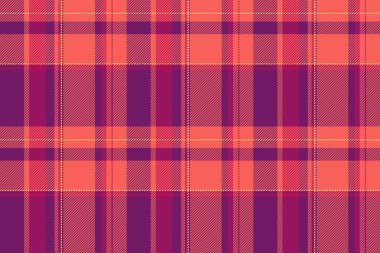 Bant dokusu kumaş deseni, eğri büğrü tekstil ekoseli. Eflatun ve kırmızı renk paletinde kalıtımsal dikişsiz tartan vektör arkaplanı.