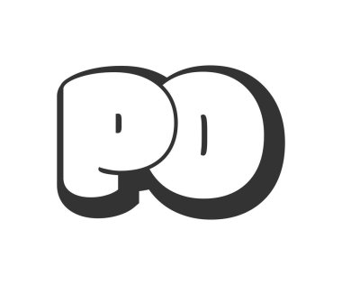 PO logosu, karikatür harfleri, graffiti stili siyah beyaz siluet şeklinde yuvarlak. Festival partisi için moda okul öncesi P ve O mektup metni, baş harfleri, çocuklar için funky prinky ve web. Vektör illüstrasyonu.