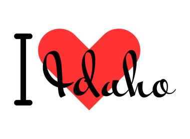 Amerika Birleşik Devletleri 'nin Idaho eyaletini seviyorum. Kırmızı kalpli el yazısıyla yazılmış mektuplar. ABD bölgeleri vektör illüstrasyonu, basılı tişört, pankart, poster, etiket veya etiket için modern tasarım harfleri.