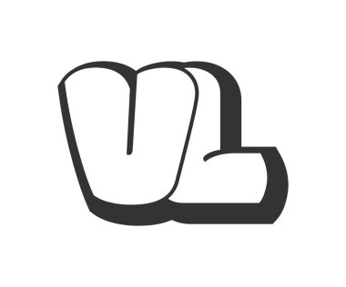 VL logosu, balon komedi harfleri, graffiti stili siyah beyaz siluet şeklinde yuvarlak. Festival partisi için modaya uygun V ve L harfleri, kişisel baş harfler, çocuklar için funky prinky ve web. Vektör illüstrasyonu.