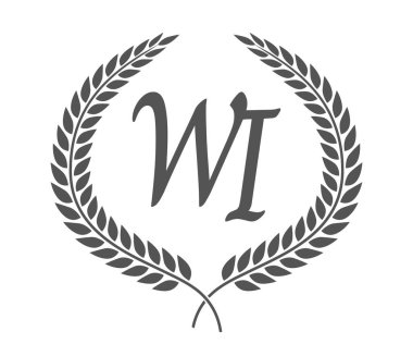 İlk harf W ve ben, defne çelenkli WI monogram logo tasarımı. Kaligrafi yazı tipli lüks amblem.