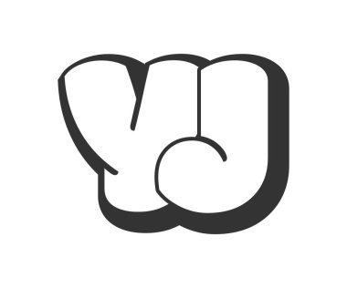 YJ logosu, karikatür harfleri, graffiti stili siyah beyaz siluet şeklinde yuvarlak. Festival partisi için moda anaokulu Y ve J harfleri, baş harfleri, çocuklar için funky prinky ve web. Vektör illüstrasyonu.