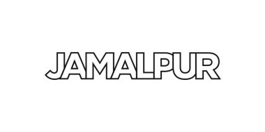 Bangladeş ambleminde baskı ve ağ için Jamalpur. Tasarım, modern yazı tipinde cesur tipografiye sahip geometrik stil, vektör illüstrasyonuna sahiptir. Beyaz arkaplanda izole edilmiş grafiksel slogan harfleri.