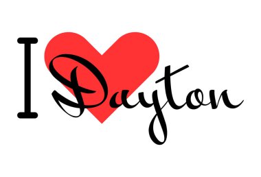 Dayton 'ı seviyorum, Amerika Birleşik Devletleri' ni. Kırmızı kalpli el yazısıyla yazılmış mektuplar. Vektör illüstrasyon harfleri, yazdırma tişörtü, afiş, poster, etiket veya etiket için modern tasarım.