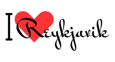 Reykjavik 'i seviyorum, İzlanda şehri. Kırmızı kalpli el yazısıyla yazılmış mektuplar. Vektör illüstrasyon harfleri, yazdırma tişörtü, afiş, poster, etiket veya etiket için modern tasarım.