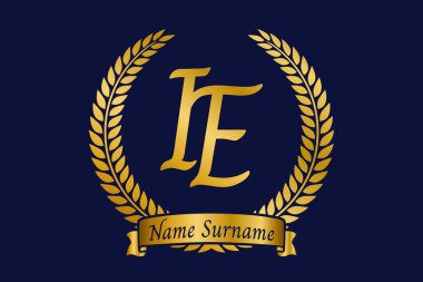 İlk harf I ve E, defne çelengi ile IE monogram logo tasarımı. Kaligrafi yazı tipli lüks altın amblem.