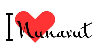 Nunavut Canada 'ya bayılırım. Kırmızı kalpli el yazısıyla yazılmış mektuplar. Yazılı t-shirt, afiş, poster, çıkartma veya etiket için modern tasarım harfleri.