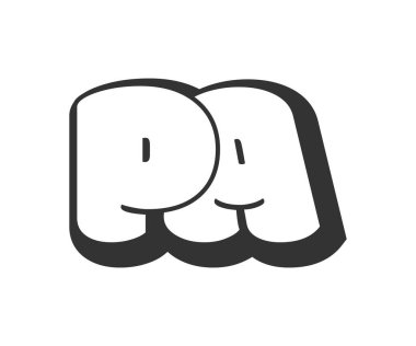 PA logosu, balon komedi harfleri, graffiti stili siyah beyaz siluet şeklinde yuvarlak. Okul öncesi popüler P ve festival partisi için bir mektup, baş harfler, çocuklar için funky prinky ve web. Vektör illüstrasyonu.