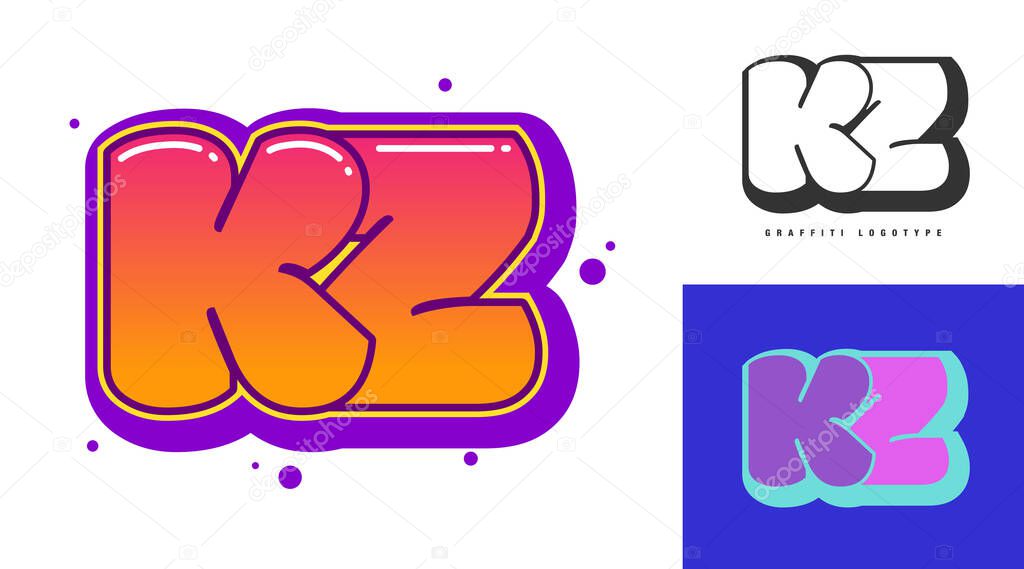 KZ logo design for festival or party. Initial letter k and z in graffiti style. Creative modern lettering company name of font typography. Kids trendy logotype or identity. Vector illustration.