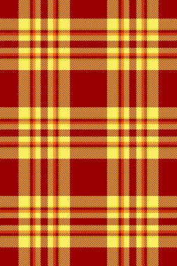 Duygusal kumaş desenli tartan, görüntü vektörü tekstil arka planı. Dikdörtgen desenli ekoseyi kırmızı ve sarı renk paletinde kontrol eder.