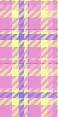Asimetrik tartan kumaş vektörü, yerel kontrol arkaplan ekoseli. Periyodik desensiz pembe ve limon rengi paletinde tekstil dokusu.