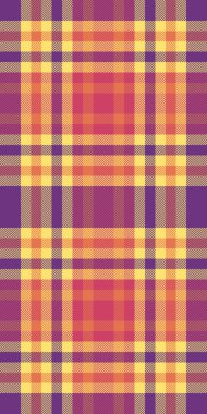 Olay ekose vektör tartan, karışık, pürüzsüz tekstil deseni. Kırmızı ve sarı renk paleti ile kumaş arkaplan dokusunu kontrol et.