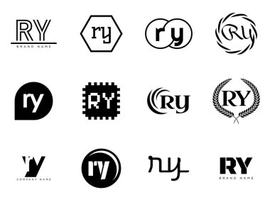 RY logo şirketi şablonu. R harfi ve y logoti. Tasarım elemanları ile farklı klasik serif harfleri ve modern kalın metin ayarla. İlk yazı tipi tipografisi. Koleksiyon trend iş kimliği.
