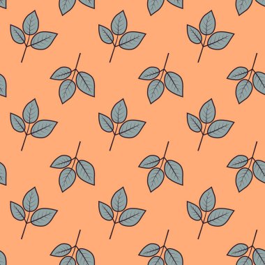 Yumuşak şeftali arkaplanındaki zarif deniz mavisi yaprakları pürüzsüz ve tekrarlayan bir desen yaratır..