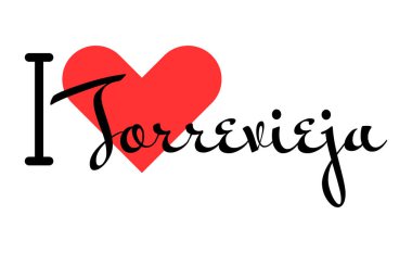 İspanya 'nın Torrevieja şehrini seviyorum. Kırmızı kalpli el yazısıyla yazılmış mektuplar. Vektör illüstrasyon harfleri, yazdırma tişörtü, afiş, poster, etiket veya etiket için modern tasarım.