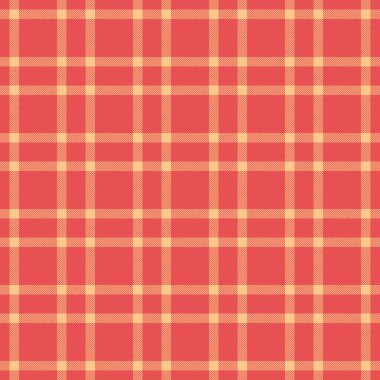 Kırışık arka plan ekose tekstil, bej vektör kumaş kontrolü. Kırmızı ve turuncu renk paletinde detaylandırılmış dikişsiz tartan deseni.
