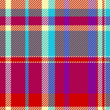 Canlı, çok renkli ekose desenli. Kırmızı, turkuaz, mor ve kremalı kesişen çizgiler içeren cesur, geometrik bir tasarım. Tekstil baskıları, moda, web tasarımı ve arka planlar için ideal.