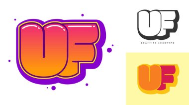 Festival ya da parti için UF logo tasarımı. İlk harf u ve f graffiti stili. Yazı tipi tipografisinin yaratıcı modern harfleri. Modayı takip eden logotlar ya da kimlikler. Vektör illüstrasyonu.