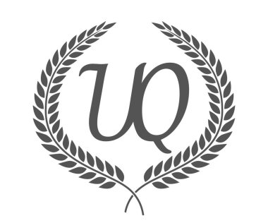 İlk harf U ve Q, UQ monogram logo tasarımı ve defne çelengi. Kaligrafi yazı tipli lüks amblem.