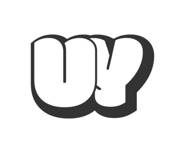 UY logosu, karikatür harfleri, graffiti stili siyah-beyaz siluet şeklinde yuvarlak. Festival partisi için Moda Anaokulu ve Y mektup metni, kişisel baş harfler, funky prinky ve web. Vektör illüstrasyonu.