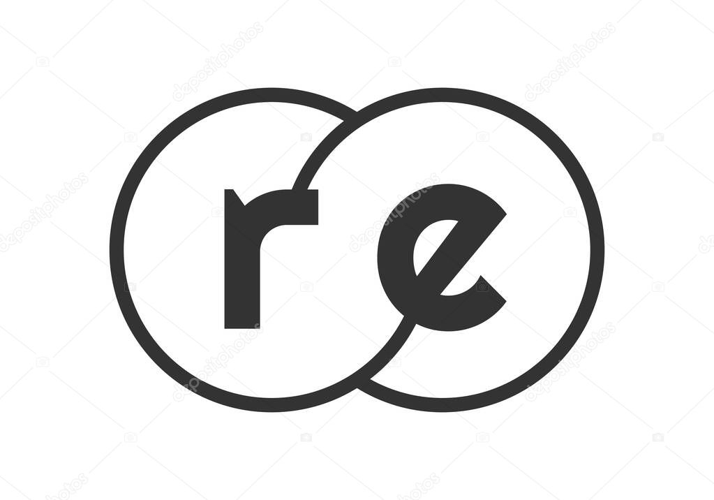 RE business company emblem with outline rounds and letters r e. Logo template of two merged circles for brand identity, logotype. Vector Infinity symbol  and technology sign.