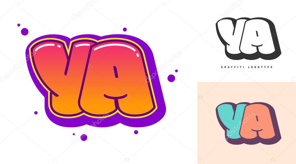 YA logo design for festival or party. Initial letter y and a in graffiti style. Creative modern lettering company name of font typography. Kids trendy logotype or identity. Vector illustration.