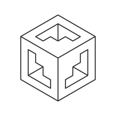 Soyut izometrik küp çizimi. Temiz çizgiler, teknoloji, mimari veya mühendislik kavramları için mükemmel minimalist, geometrik bir tasarım yaratır..