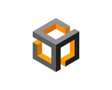 Soyut izometrik küp tasarımı. Gri ve turuncu geometrik şekiller modern, minimalist bir logo veya grafik element oluşturur.