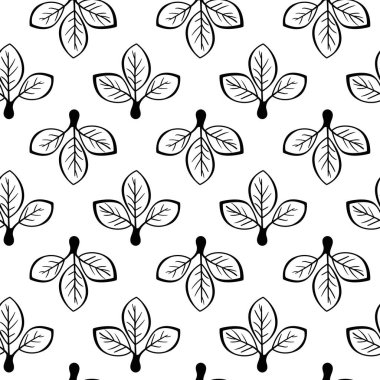 Şık, siyah ve beyaz, şekillendirilmiş yaprakların kusursuz deseni. Tekstil tasarımı, duvar kâğıdı, ambalaj ya da sofistike ve doğal motiflere ihtiyaç duyan herhangi bir proje için mükemmel..