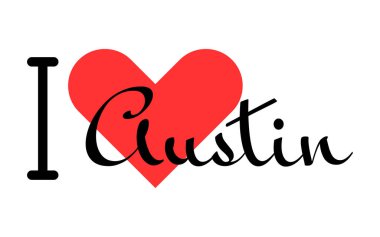 Austin 'i seviyorum, Birleşik Devletler şehri. Kırmızı kalpli el yazısıyla yazılmış mektuplar. Vektör illüstrasyon harfleri, yazdırma tişörtü, afiş, poster, etiket veya etiket için modern tasarım.