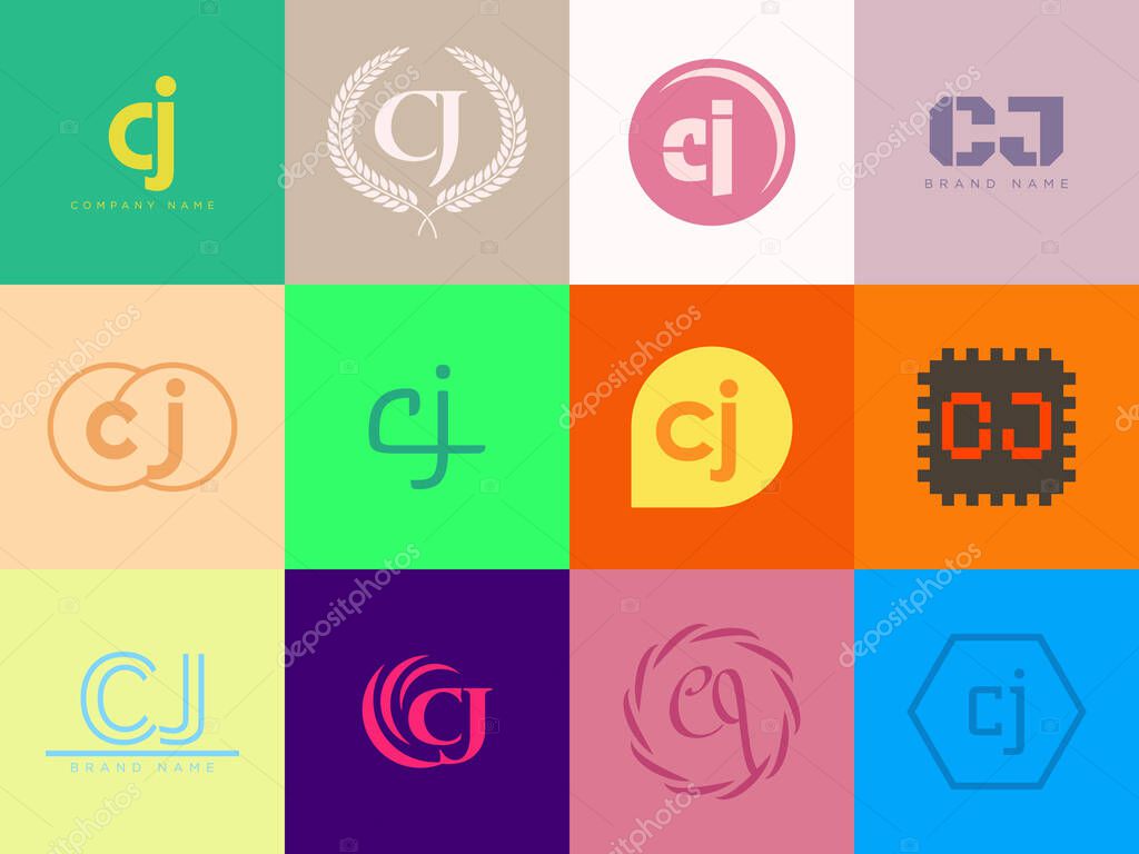 CJ logo company template. Letter c and j logotype. Set different classic serif lettering and modern bold text with design elements. Initial font typography. Collection trendy business identity.