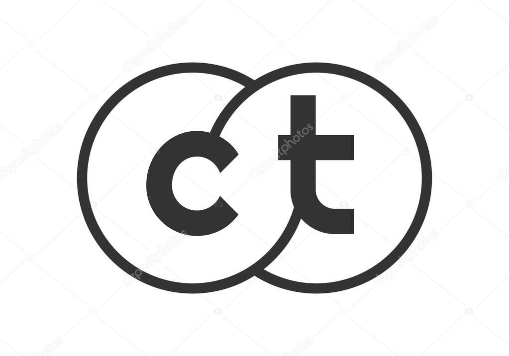 CT business company emblem with outline rounds and letters c t. Logo template of two merged circles for brand identity, logotype. Vector Infinity symbol  and technology sign.