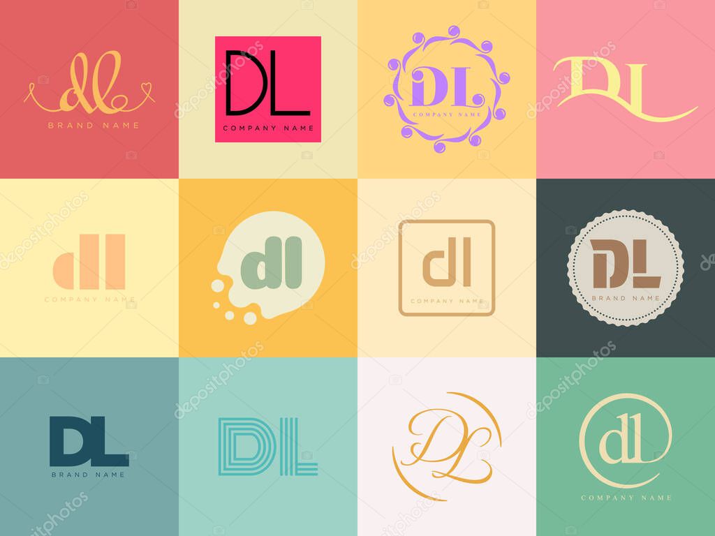 DL logo company template. Letter d and l logotype. Set different classic serif lettering and modern bold text with design elements. Initial font typography. Collection trendy business identity.