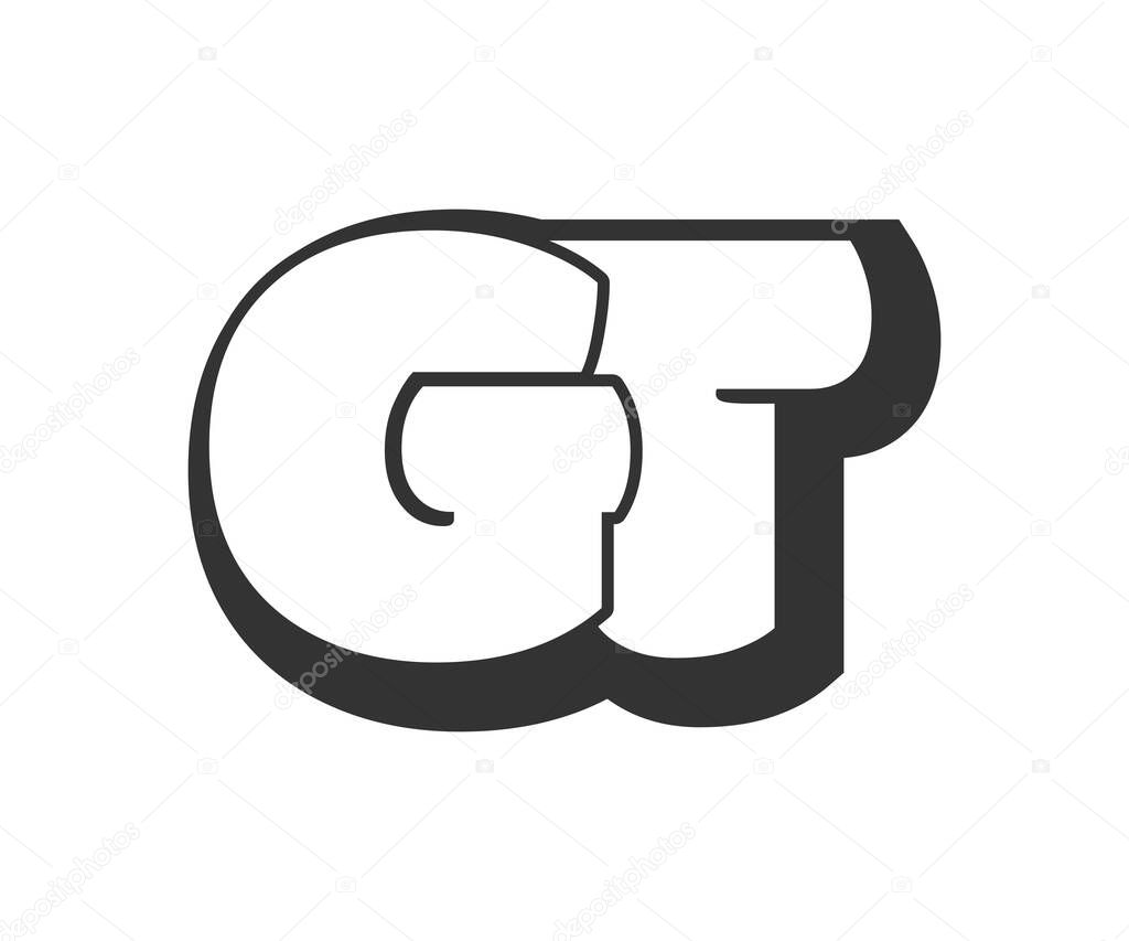 GT logo, bubble comic lettering, rounded in graffiti style black and white silhouette. Trendy preschool G and T letter text for festival party, personal initials, children funky print and web. Vector illustration.