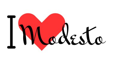 Modesto 'yu seviyorum, Birleşik Devletler şehri. Kırmızı kalpli el yazısıyla yazılmış mektuplar. Vektör illüstrasyon harfleri, yazdırma tişörtü, afiş, poster, etiket veya etiket için modern tasarım.