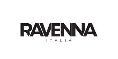 Ravenna, İtalya ambleminde basım ve ağ anlamına gelir. Tasarım, modern yazı tipinde cesur tipografiye sahip geometrik stil, vektör illüstrasyonuna sahiptir. Beyaz arkaplanda izole edilmiş grafiksel slogan harfleri.