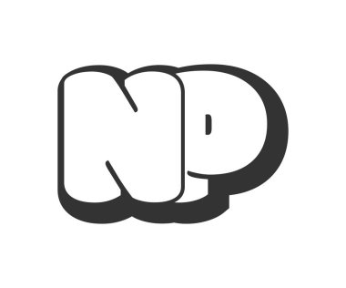 NP logosu, karikatür harfleri, graffiti stili siyah beyaz siluet şeklinde yuvarlak. Festival partisi için popüler anaokulu N ve P harfi metin, kişisel baş harfler, çocuklar için funky prinky ve web. Vektör illüstrasyonu.