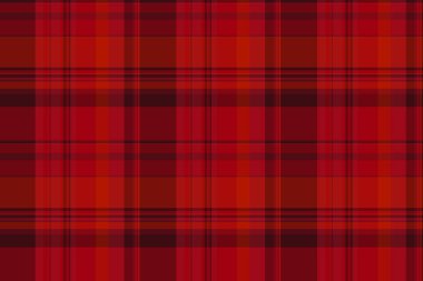 Katlanmış, dikişsiz kumaş deseni, ekose kumaş kontrol vektörü. Kırmızı ve koyu renk paletli neşeli desenli tartan arkaplan tekstili.
