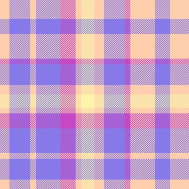 Yumuşak pastel ekose desenli. Mor, pembe ve sarı renkli kesişen çizgileri olan tekstil tasarımı. Arkaplan, giysi veya grafik tasarımı için kullan.