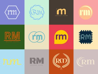 RM logo şirketi şablonu. R ve M harfleri logoti. Tasarım elemanları ile farklı klasik serif harfleri ve modern kalın metin ayarla. İlk yazı tipi tipografisi. Koleksiyon trend iş kimliği.