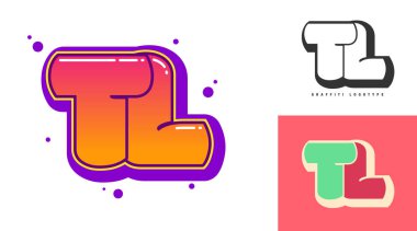 Festival ya da parti için TL logo tasarımı. T harfi ve ben graffiti tarzında. Yazı tipi tipografisinin yaratıcı modern harfleri. Modayı takip eden logotlar ya da kimlikler. Vektör illüstrasyonu.