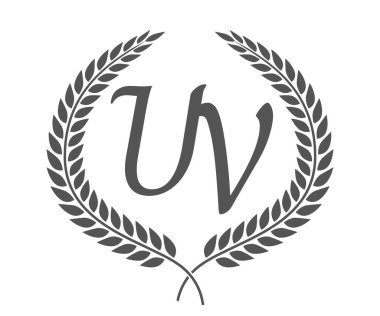 İlk harf U ve V, ultraviyole logo tasarımı defne çelengi. Kaligrafi yazı tipli lüks amblem.