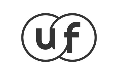 UF şirketinin amblemi, ana hatlı mermiler ve birleşmiş iki dairenin logo şablonu, marka kimliği, logoti. Vektör Sonsuzluk sembolü ve teknoloji işareti.