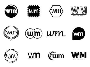 WM logo şirketi şablonu. Harf W ve M logotype. Tasarım elemanları ile farklı klasik serif harfleri ve modern kalın metin ayarla. İlk yazı tipi tipografisi. Koleksiyon trend iş kimliği.