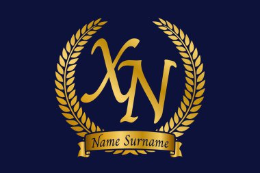 İlk harf X ve N, XN monogram logo tasarımı defne çelengi. Kaligrafi yazı tipli lüks altın amblem.