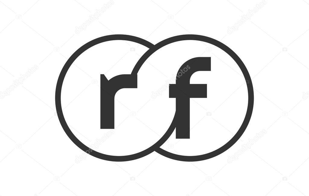 RF business company emblem with outline rounds and letters r f. Logo template of two merged circles for brand identity, logotype. Vector Infinity symbol  and technology sign.