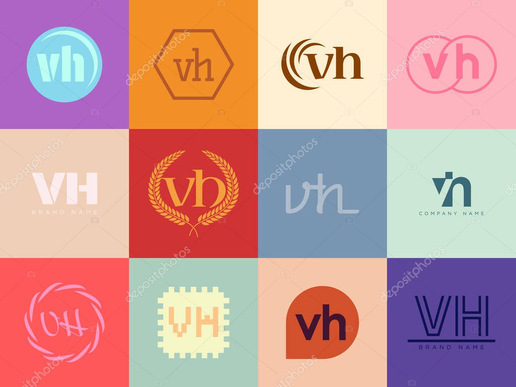 VH logo company template. Letter v and h logotype. Set different classic serif lettering and modern bold text with design elements. Initial font typography. Collection trendy business identity.